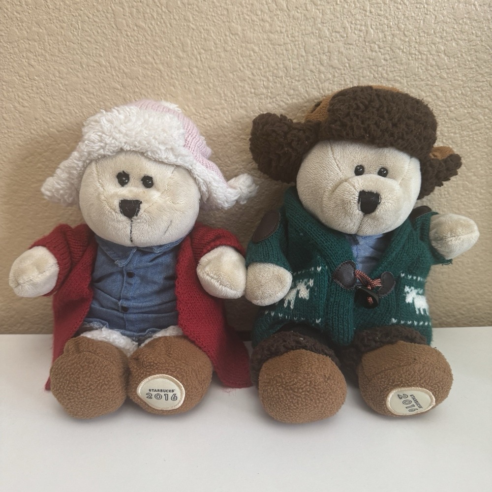 Lot of 2 Starbucks LE Limited Edition 2016 Teddy Bears w/Outfits Super Soft!!
